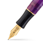 Vue macro de la plume en or et de la section noire du stylo-plume Duro Purple Amethyst