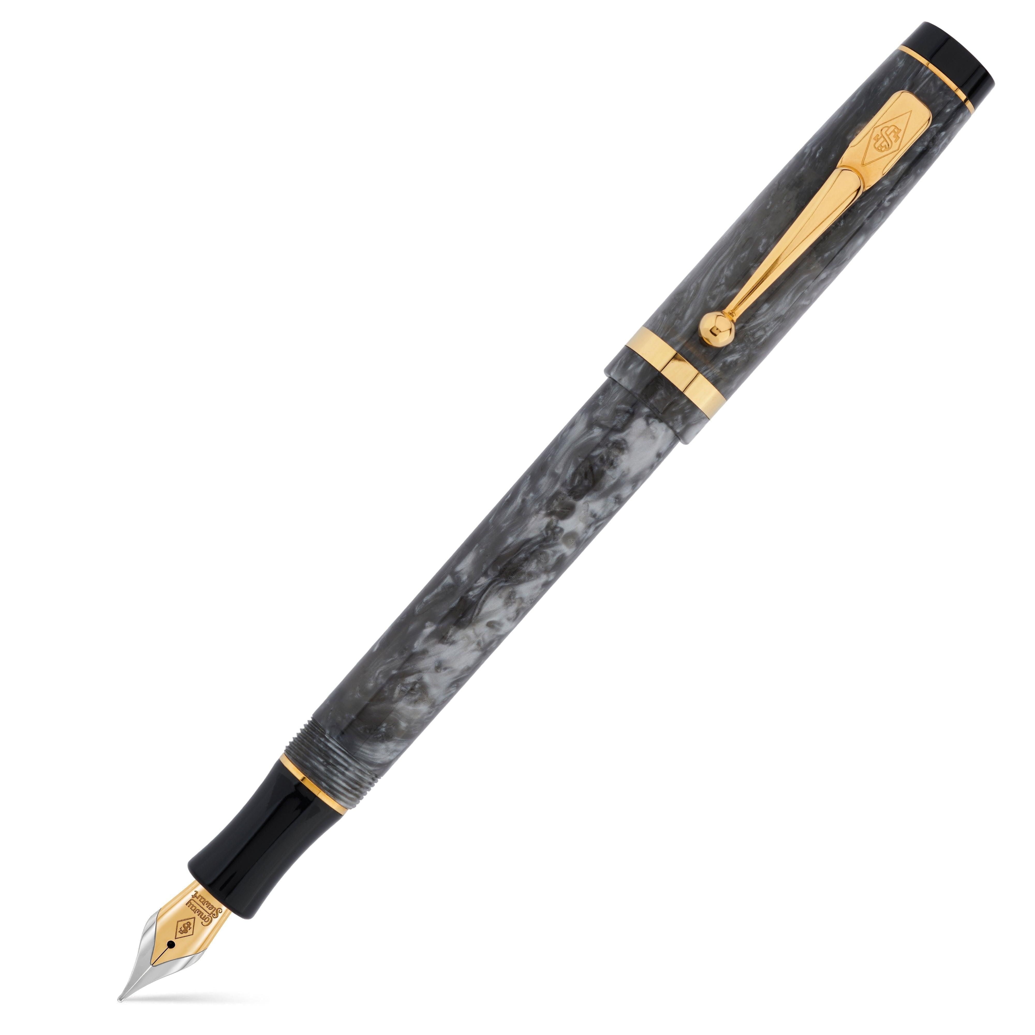 Duro Silver Storm Füllfederhalter geöffnet, grau marmoriertes Acryl mit Goldbeschlägen