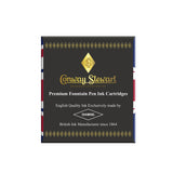 Emballage des cartouches d'encre pour stylo-plume Conway Stewart, vue de face de la boîte noire et dorée à la marque Diamine