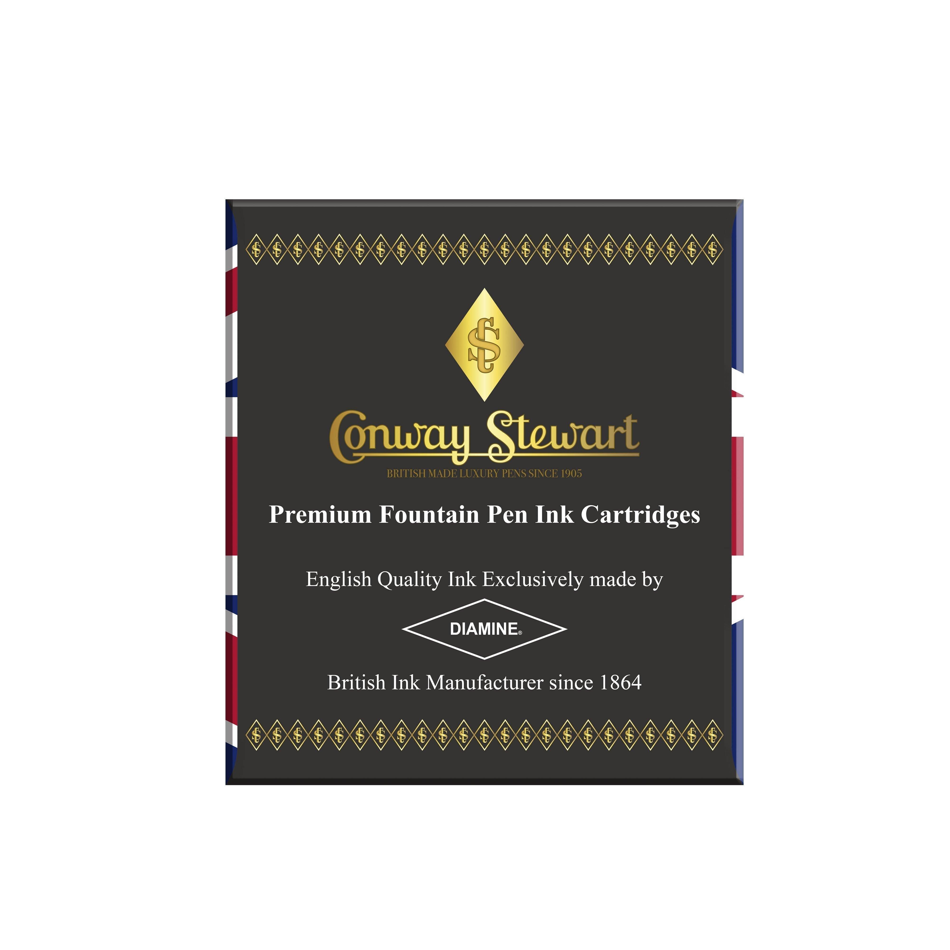 Emballage des cartouches d'encre pour stylo-plume Conway Stewart, vue de face de la boîte noire et dorée à la marque Diamine