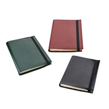 Conway Stewart luxury notebooks in green, burgundy and black leather, shown closed with elastic strap