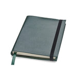 Green leather Conway Stewart notebook closed, angled view showing the elastic strap and ribbon marker