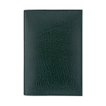 Green leather Conway Stewart notebook cover shown flat, front view of the grained leather texture