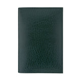 Green leather Conway Stewart notebook cover shown flat, front view of the grained leather texture