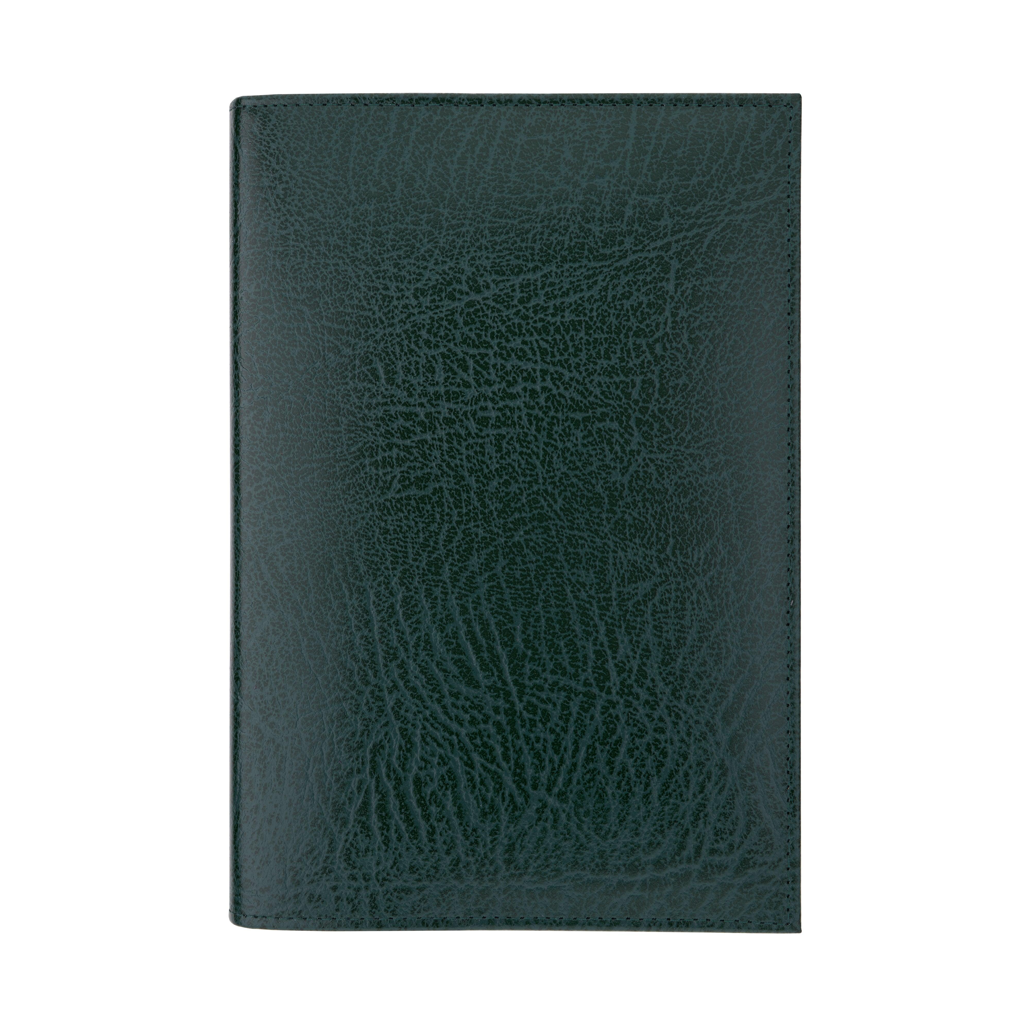 Green leather Conway Stewart notebook cover shown flat, front view of the grained leather texture