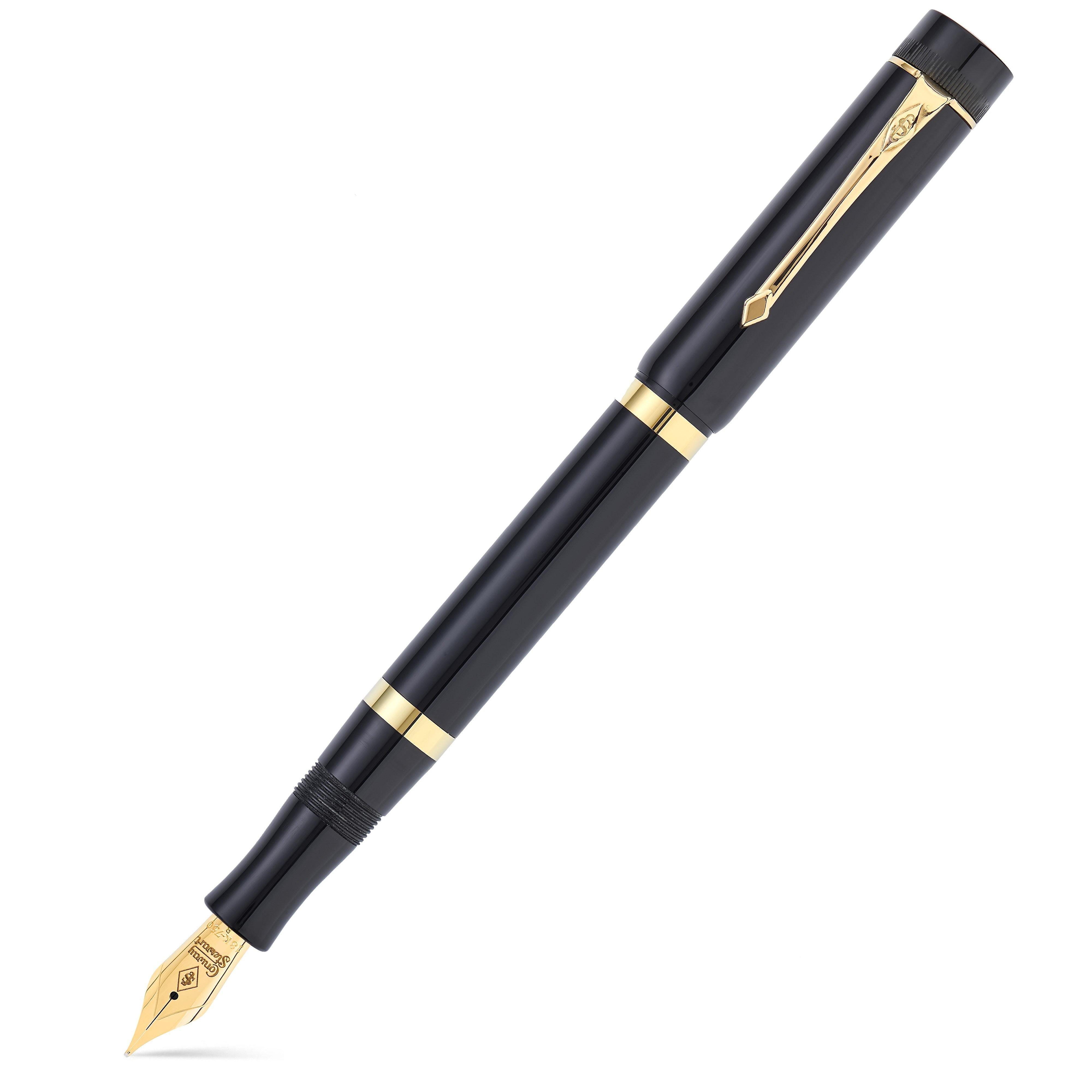 Estilográfica Marlborough Vintage Black Ebonite Gold con capuchón, mostrada en diagonal, ebonita negra con acabados dorados