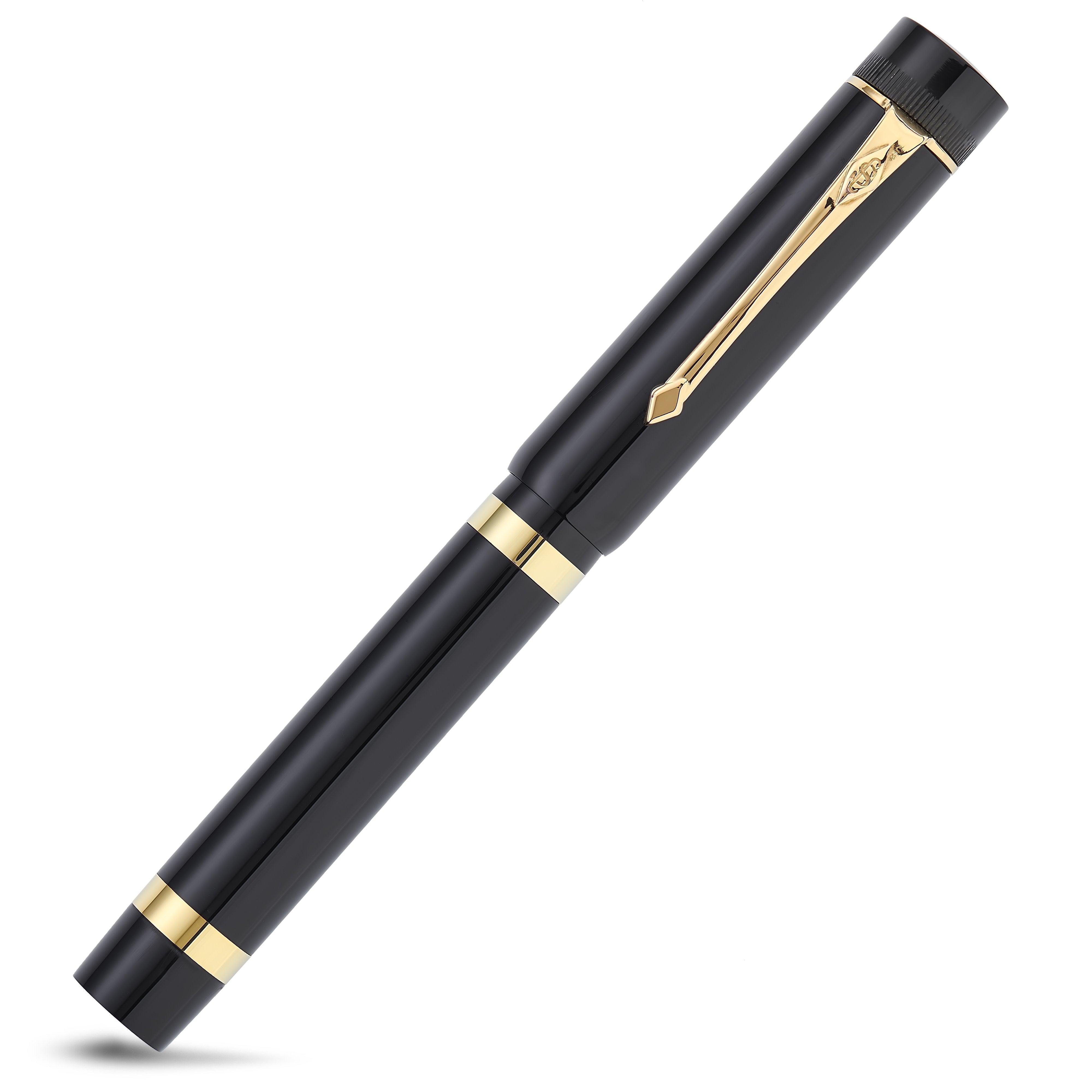 Capped Marlborough Vintage Black Ebonite Gold fountain pen, reverse diagonal angle showing the clip and bands