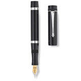 Schaft und Kappe des Marlborough Vintage Black Ebonite Silver Füllfederhalters nebeneinander liegend, Draufsicht von oben