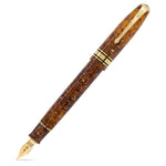 Series 100 Amber fountain pen uncapped, golden amber marbled acrylic with gold trim