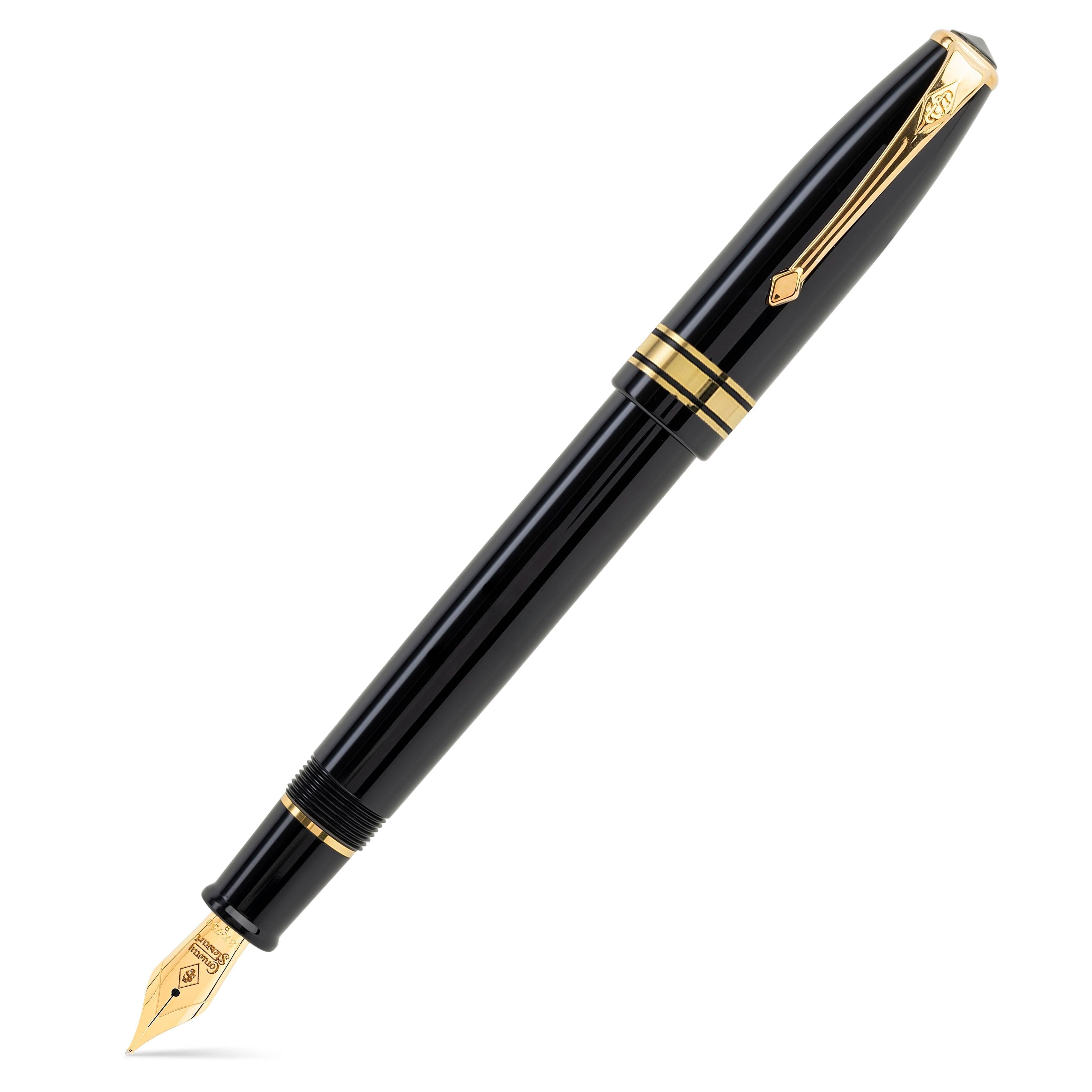 Capped Series 100 Classic Black fountain pen shown diagonally, black barrel with gold trim and faceted cap top