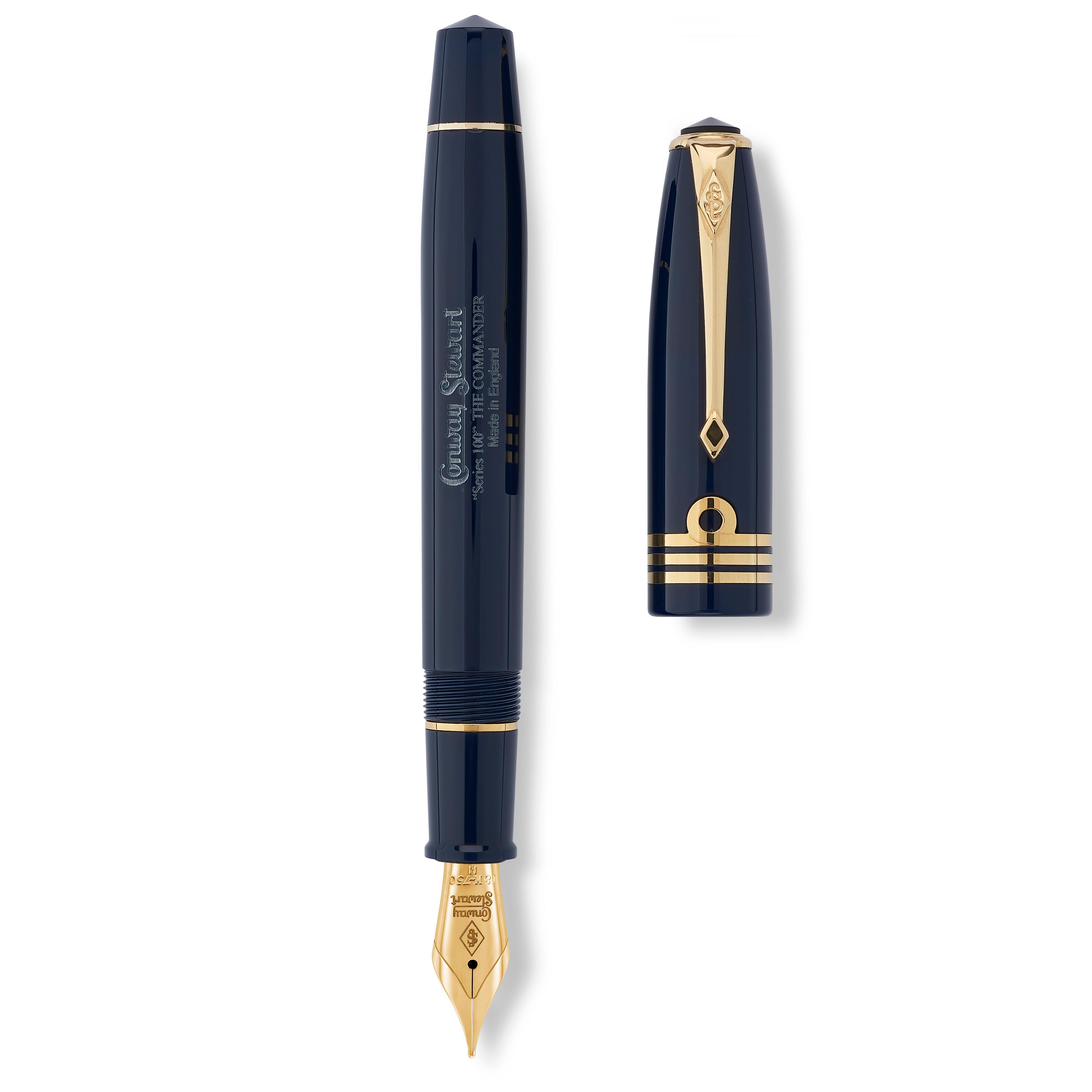 Series 100 Commander fountain pen and cap laid separately, viewed from above
