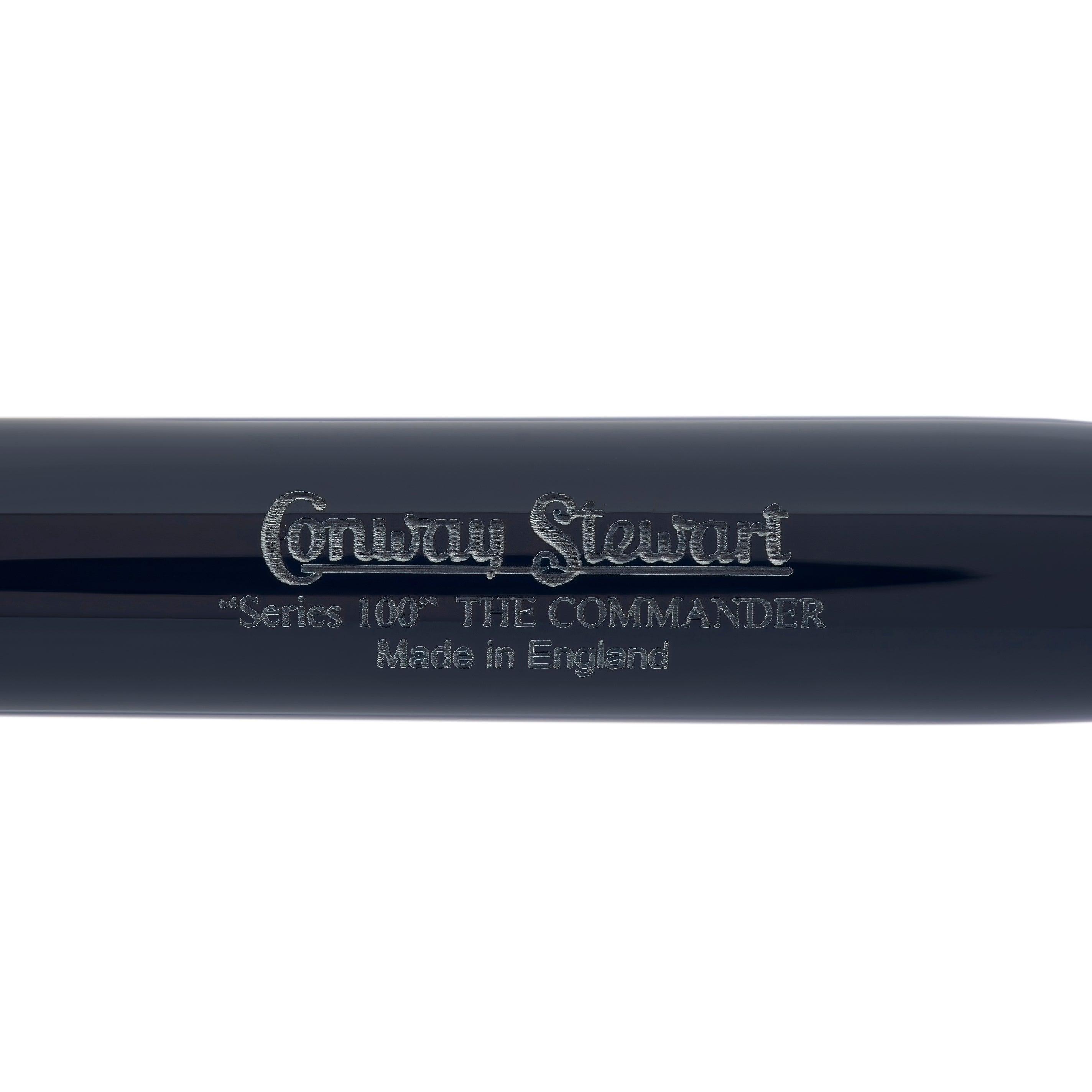 Close-up of Series 100 Commander barrel engraving reading Conway Stewart Series 100 THE COMMANDER