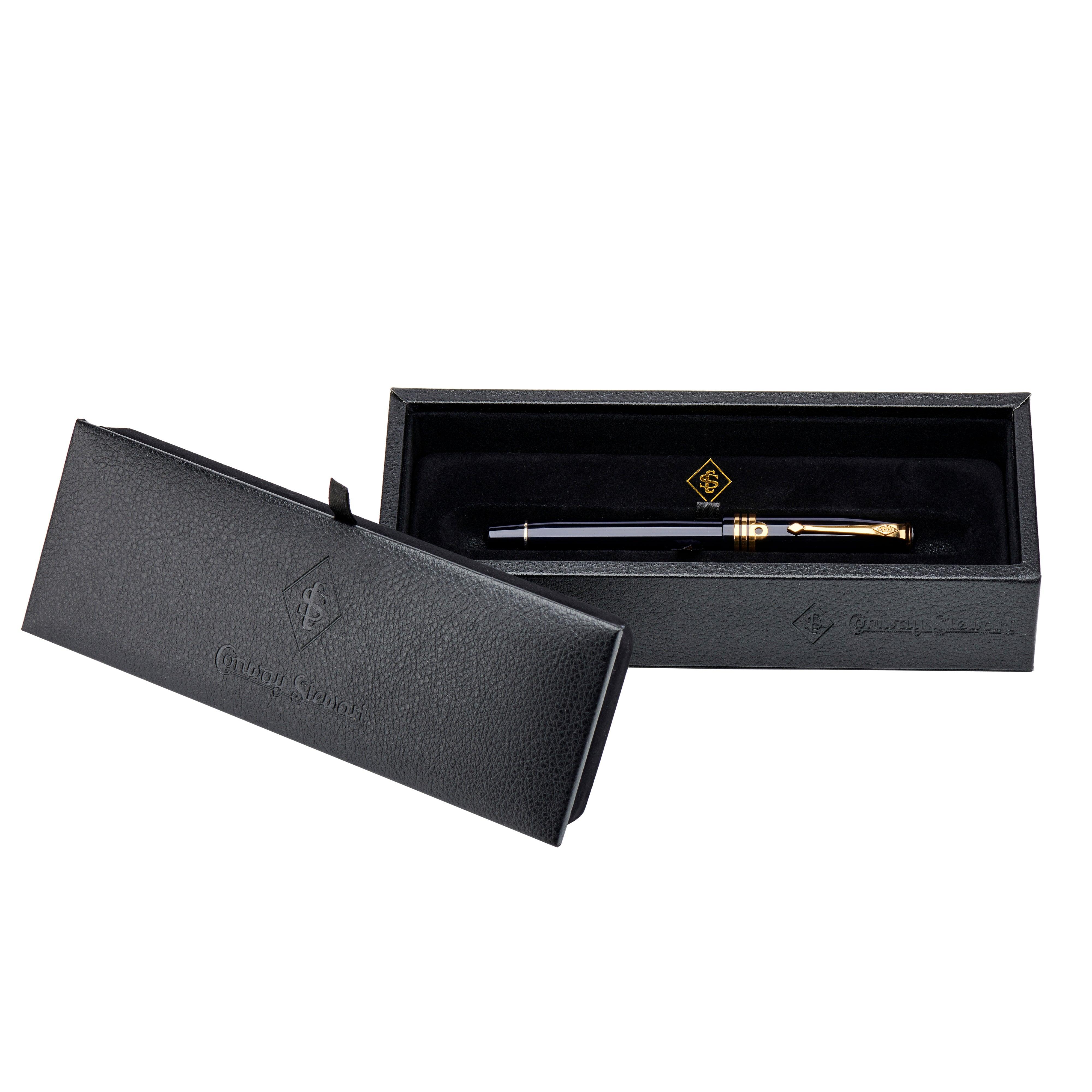 Series 100 Commander fountain pen in open Conway Stewart presentation box, lid raised showing branding