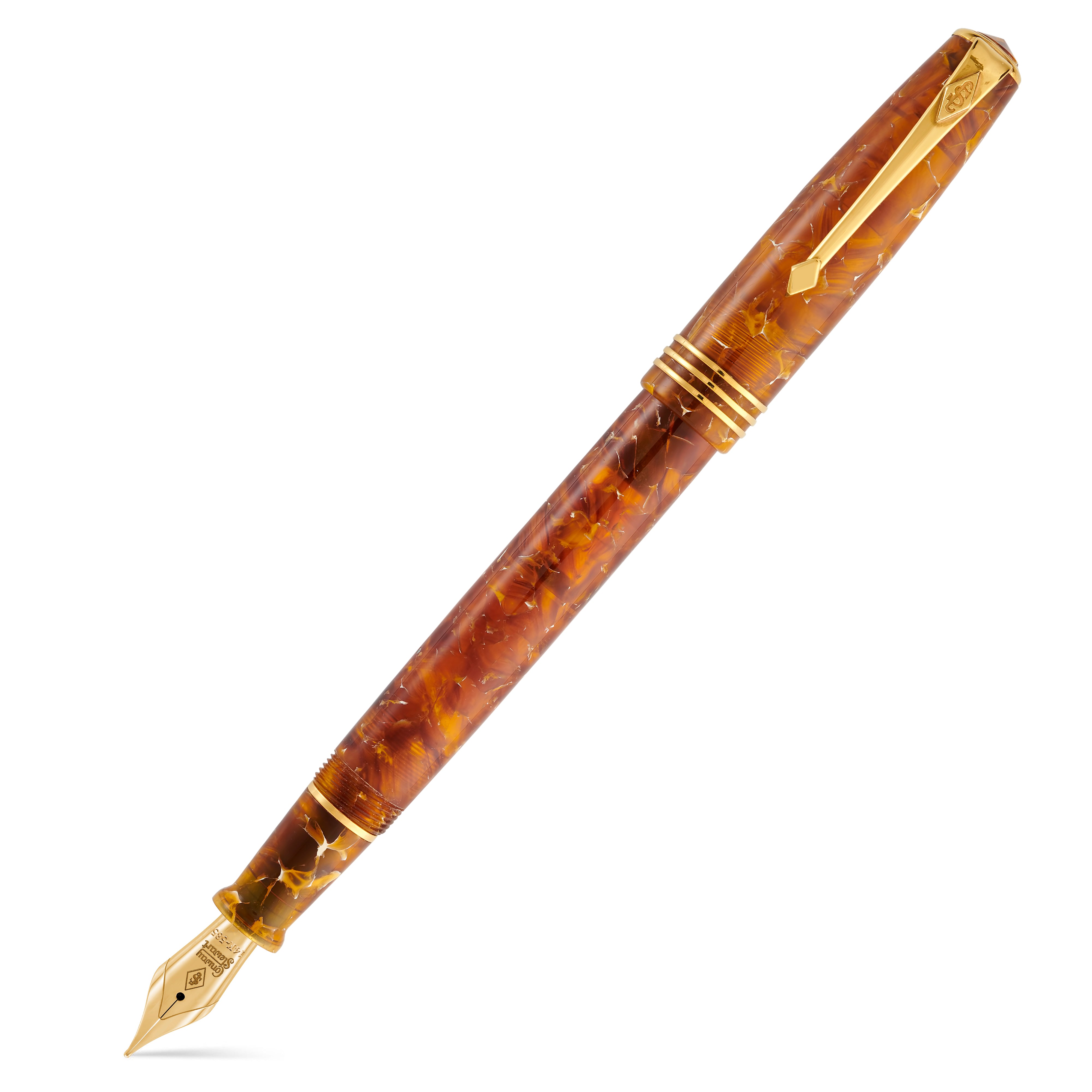 Capped Series 58 Amber fountain pen shown diagonally, mottled amber acrylic with gold trim