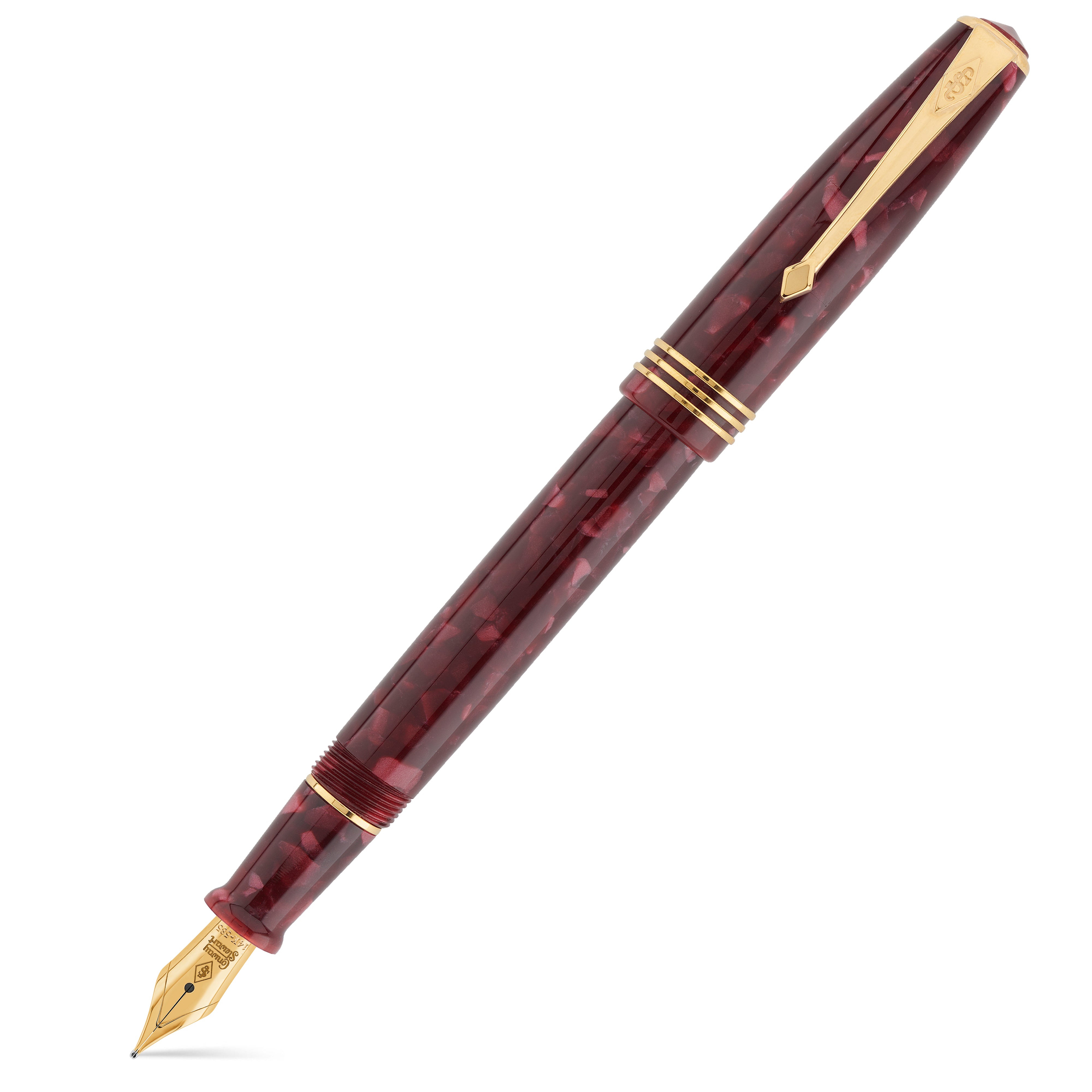 Conway Stewart Series 58 Burgundy fountain pen, capped, shown diagonally with striated red-brown acrylic