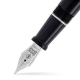 Nahaufnahme der Series 58 Classic Black Silver Feder, einer silberfarbenen Feder mit eingraviertem Conway-Stewart-Wappen
