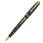 Series 58 Seamus Heaney fountain pen capped, diagonal view of the green marbled barrel and gold trim