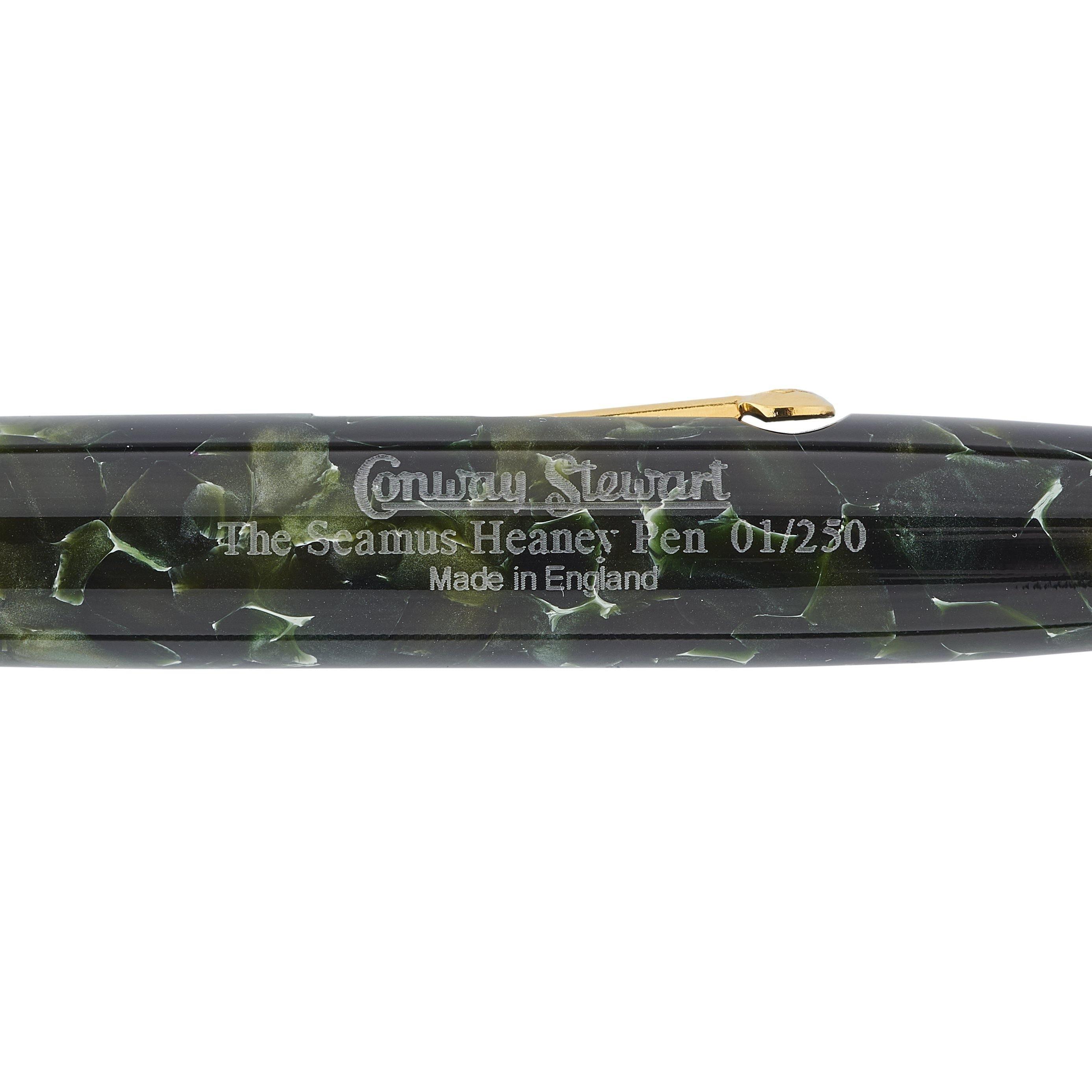 Close-up of the barrel engraving reading Conway Stewart, The Seamus Heaney Pen, 01/250, Made in England