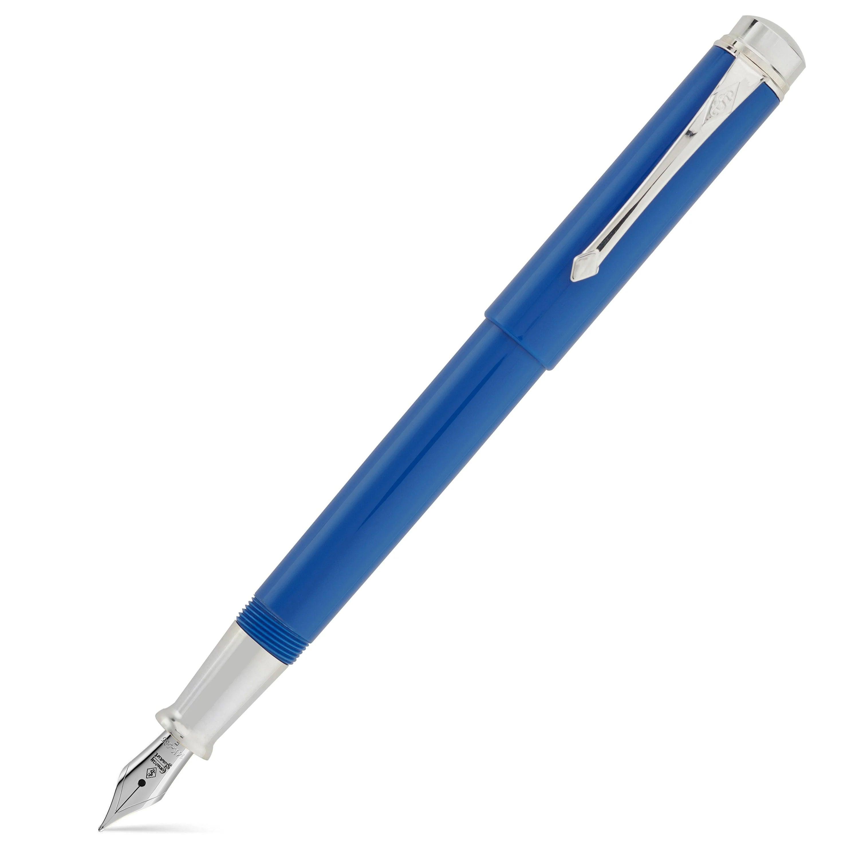 Capped Silvicity Royale Blue fountain pen shown diagonally, blue lacquer barrel with silver clip and trim