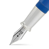 Macro view of the nib and silver section of the Silvicity Royale Blue fountain pen, engraved Conway Stewart