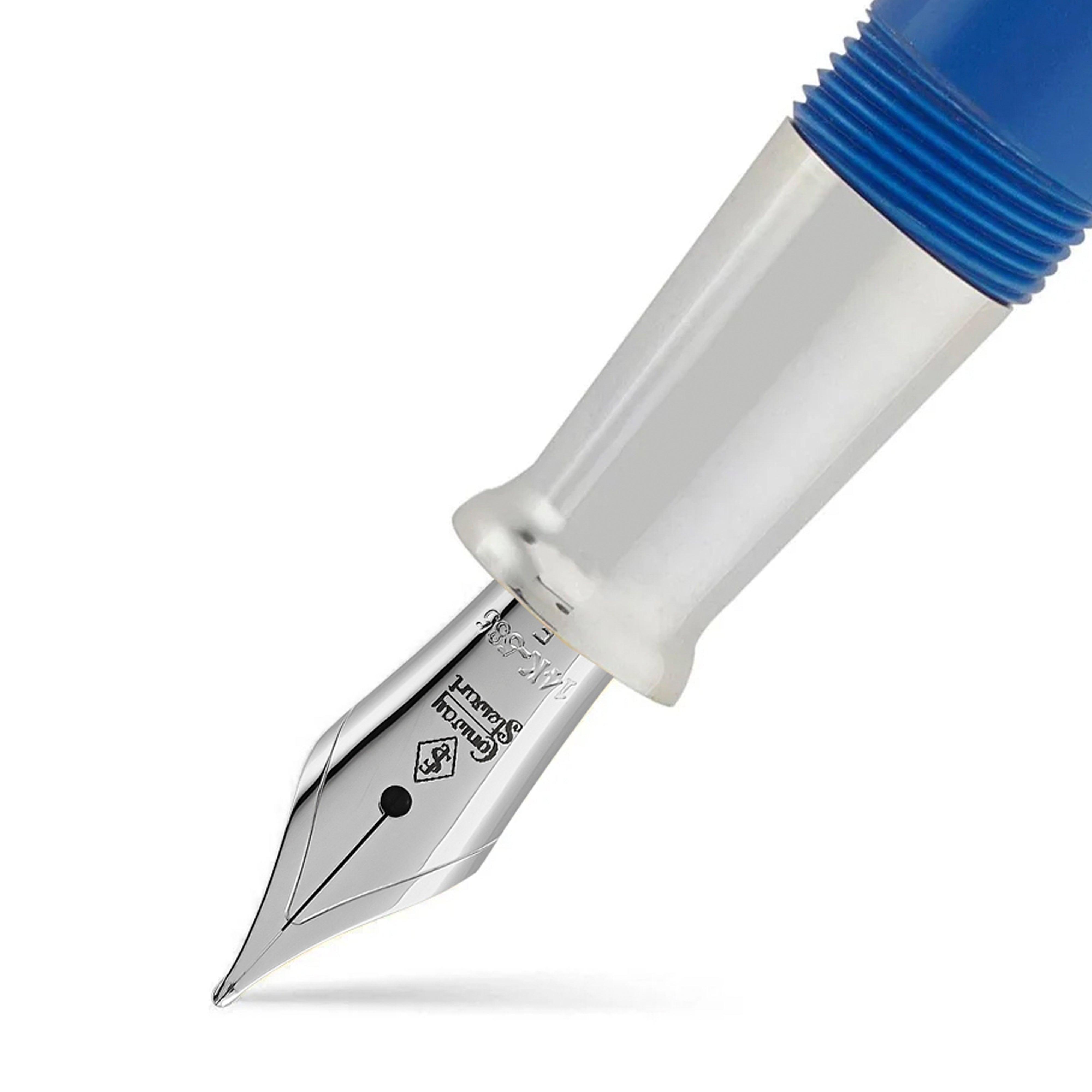 Macro view of the nib and silver section of the Silvicity Royale Blue fountain pen, engraved Conway Stewart