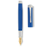 Silvicity Royale Blue fountain pen barrel and cap laid side by side, overhead flat lay showing the gold nib