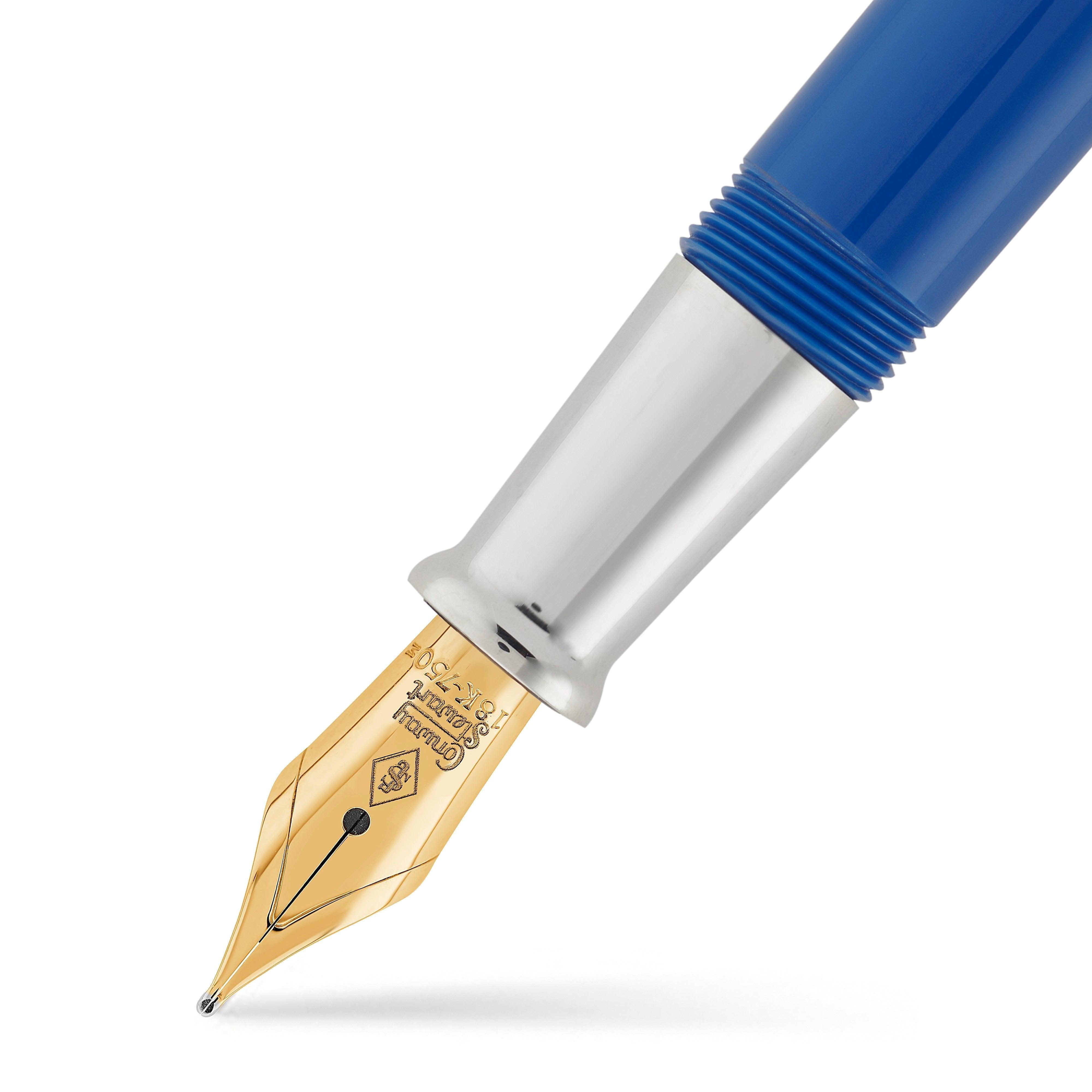 Macro view of the gold nib and silver threaded section of the Silvicity Royale Blue fountain pen