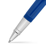 Macro view of a chrome tip and fine point on the Silvicity Royale Blue fountain pen