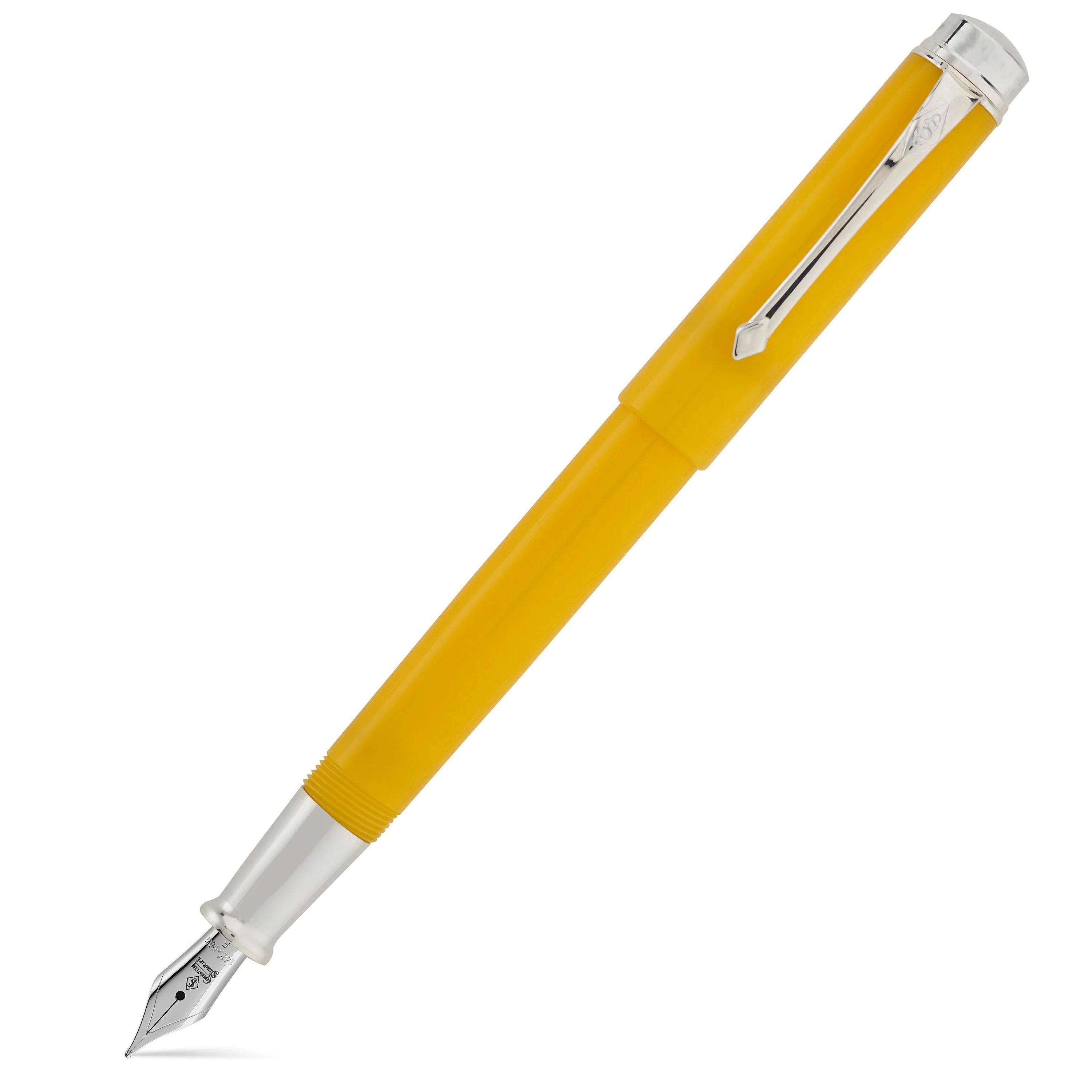 Conway Stewart Silvicity Sunrise Yellow fountain pen, capped, shown diagonally with silver-tone trim