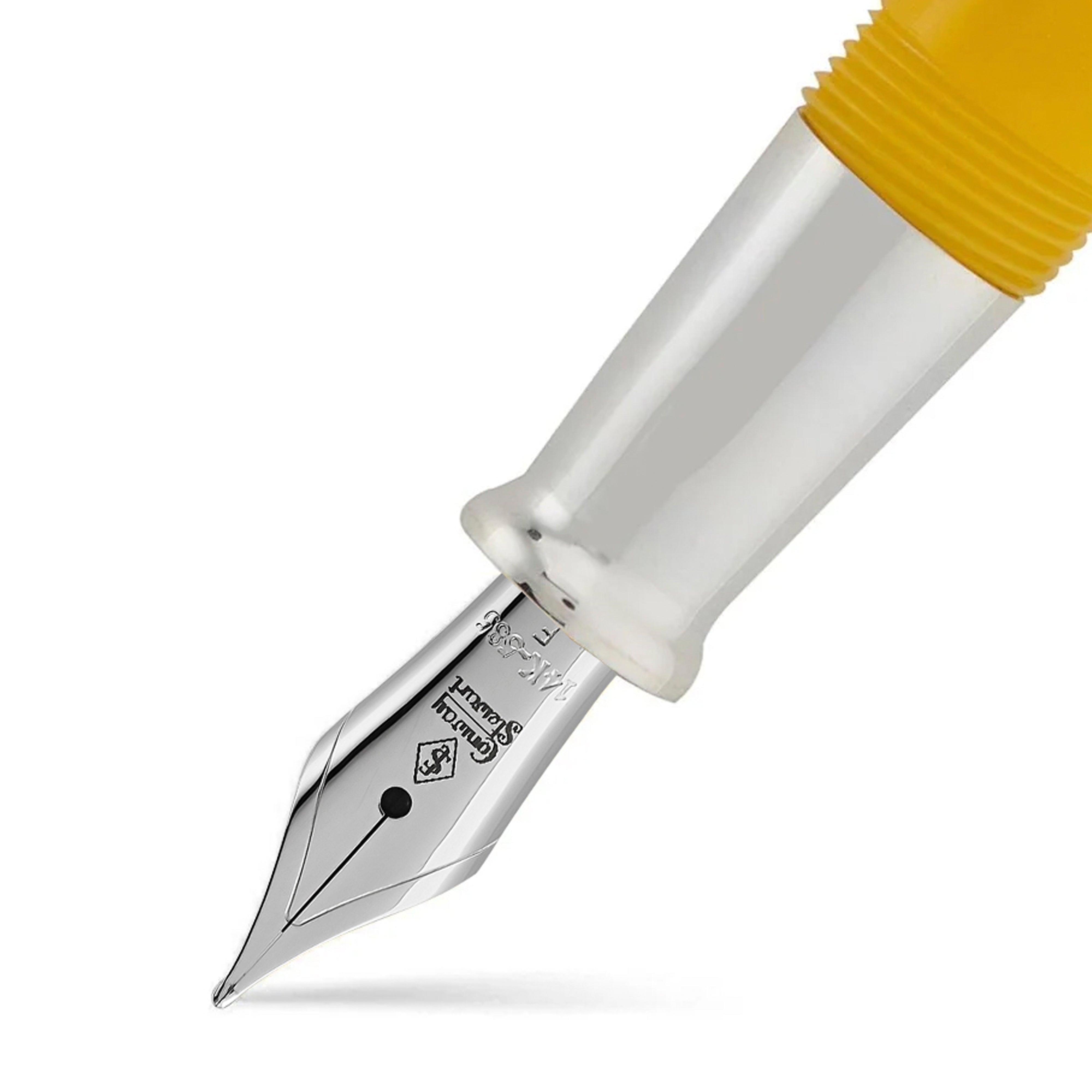 Close-up of the Silvicity Sunrise Yellow nib and section, with rhodium-plated furniture and chrome nib