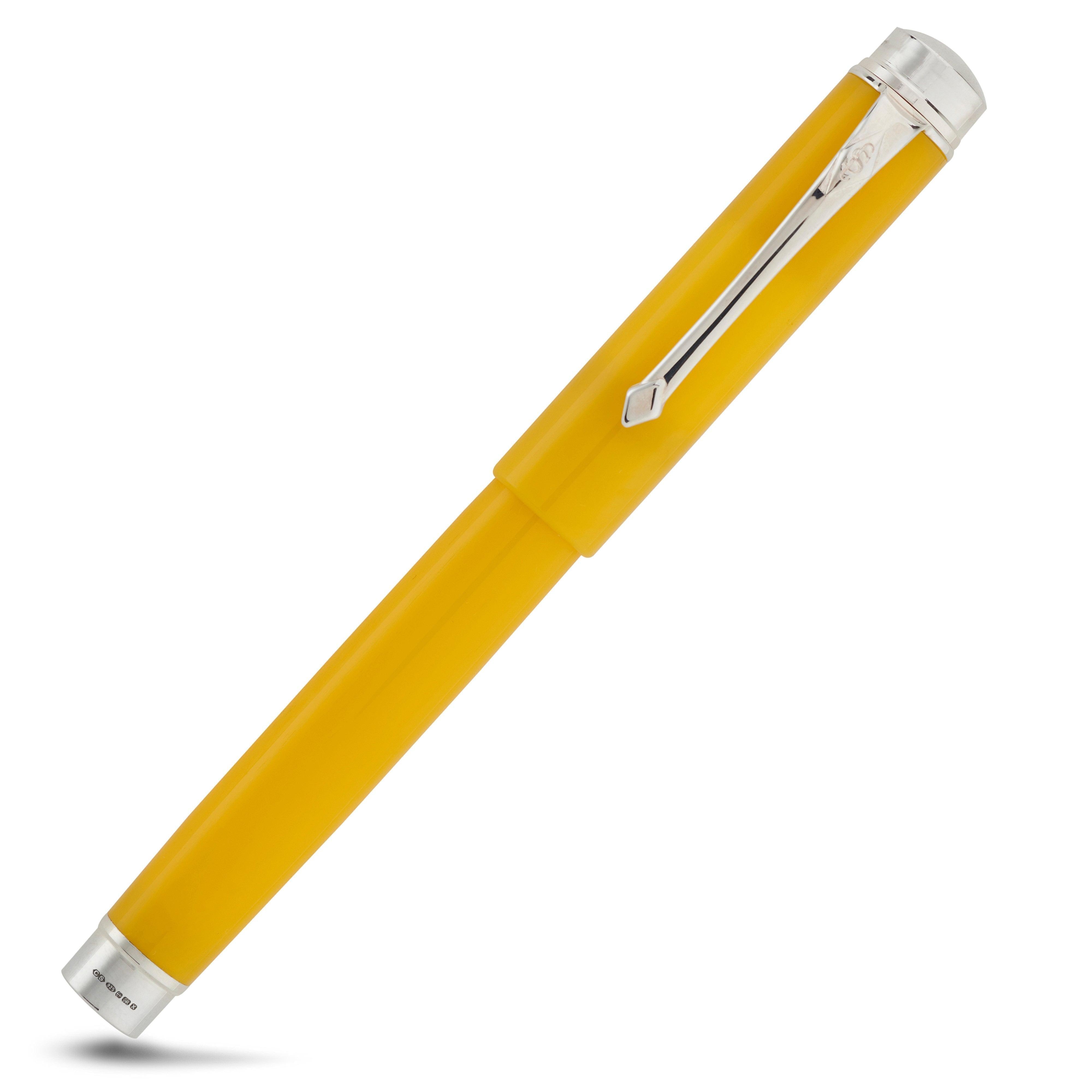 Silvicity Sunrise Yellow pen capped, a rollerball version with a plain chrome band at the base