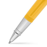 Close-up of a Silvicity Sunrise Yellow rollerball tip, yellow barrel with a chrome conical point