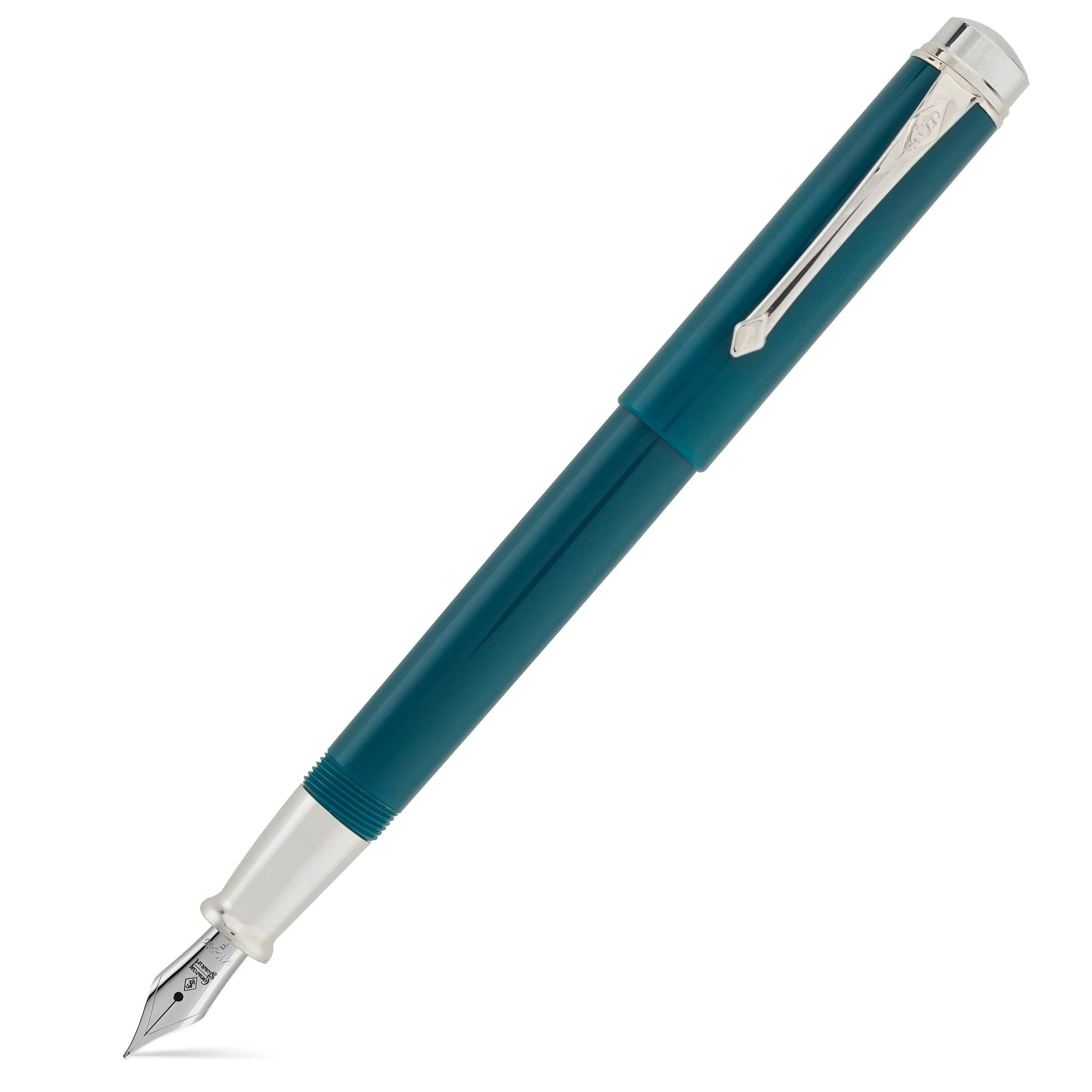Silvicity Teal fountain pen capped, diagonal view showing the steel nib tip beneath the cap