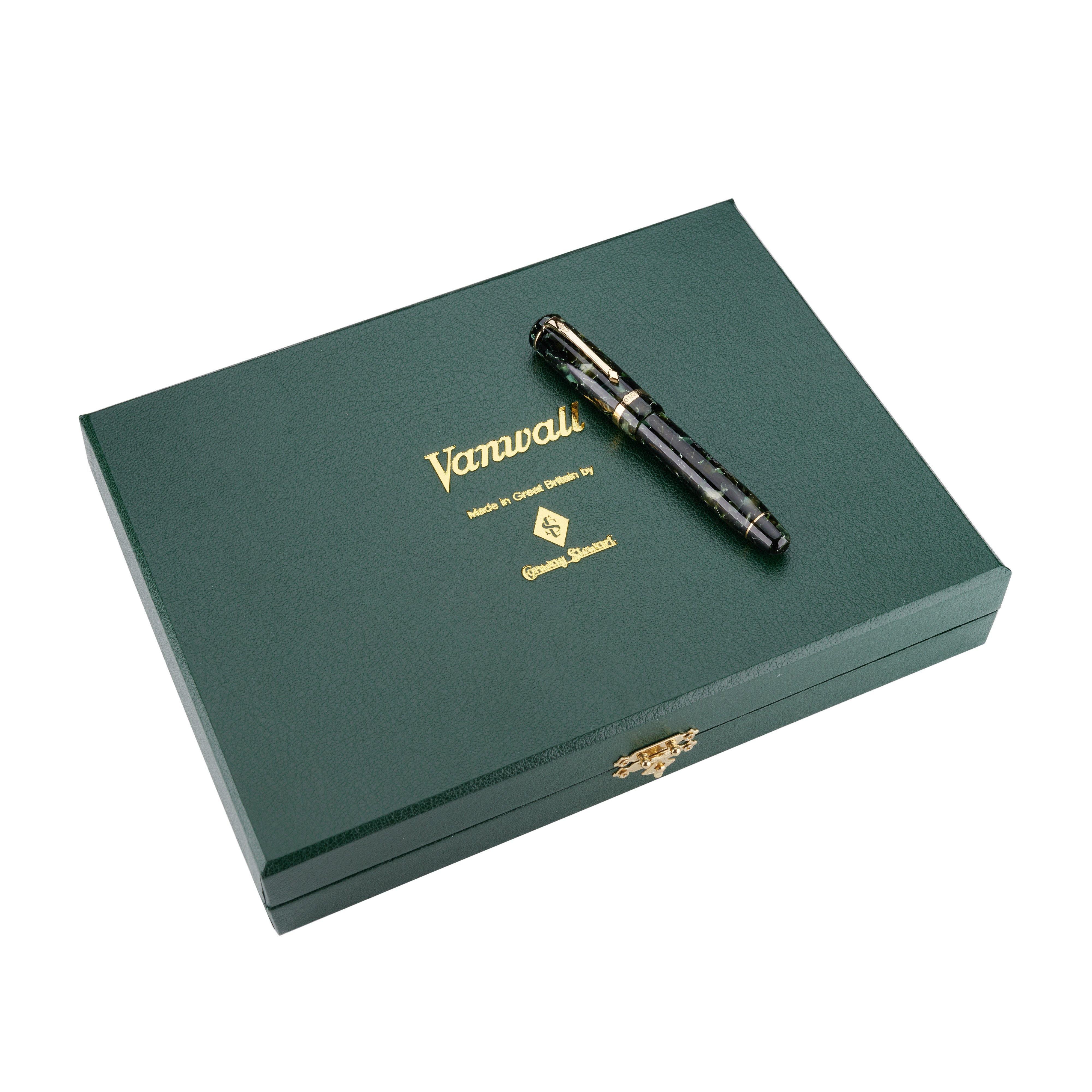 Vanwall fountain pen resting on its closed green presentation box embossed with gold lettering