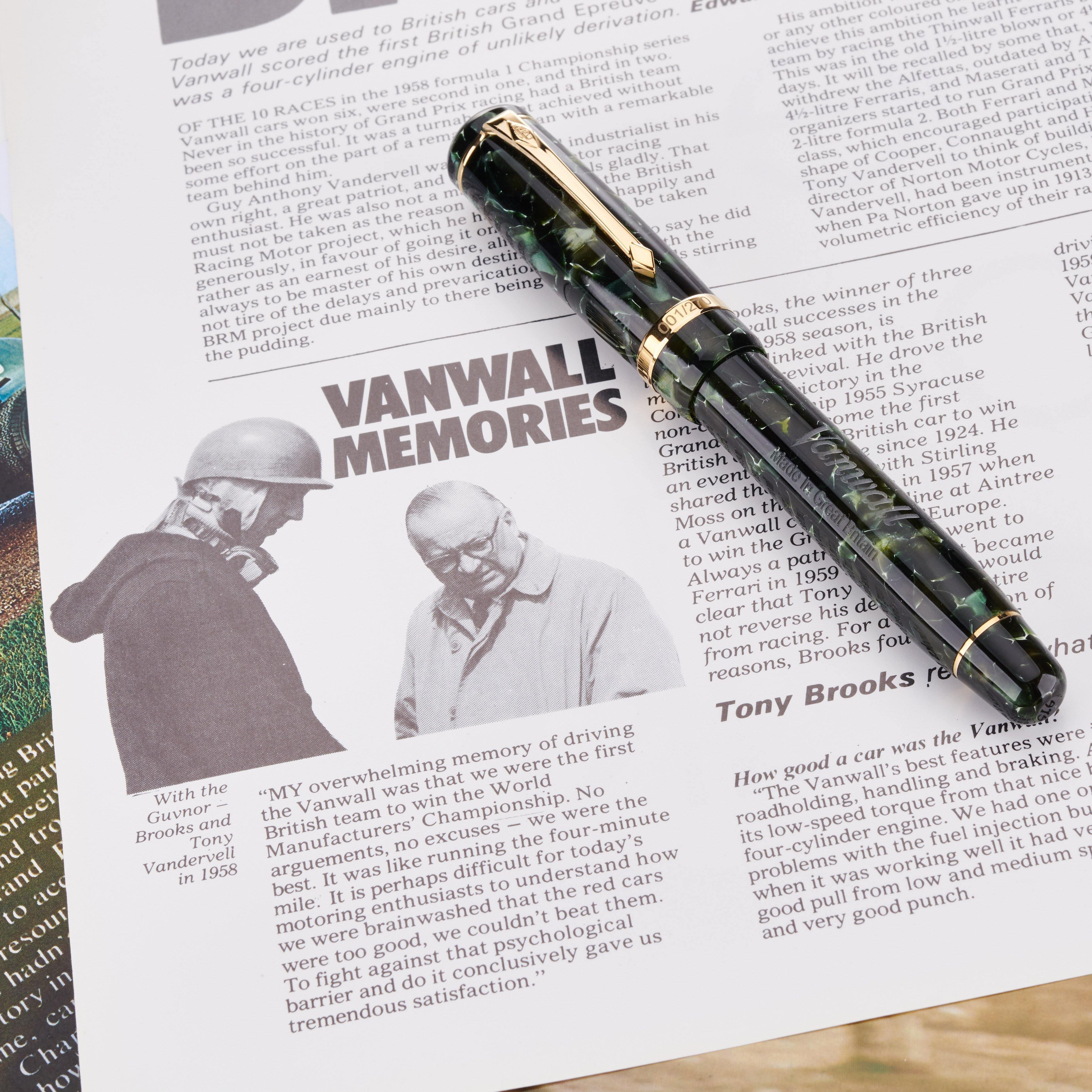 Vanwall fountain pen resting on a newspaper feature headlined Vanwall Memories