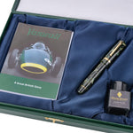 Vanwall fountain pen presentation box open, showing green marbled pen, ink bottle and Vanwall history booklet