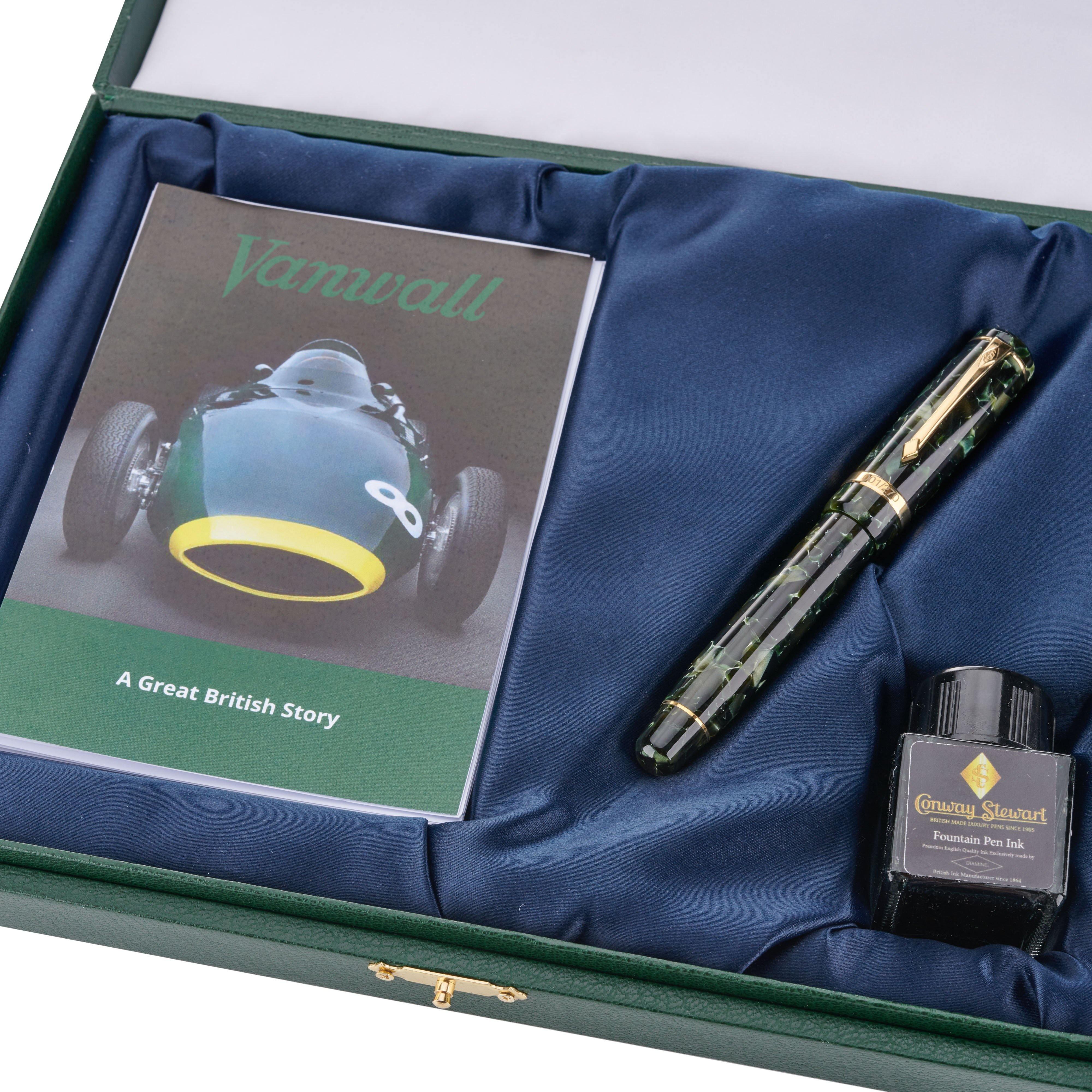 Vanwall fountain pen presentation box open, showing green marbled pen, ink bottle and Vanwall history booklet