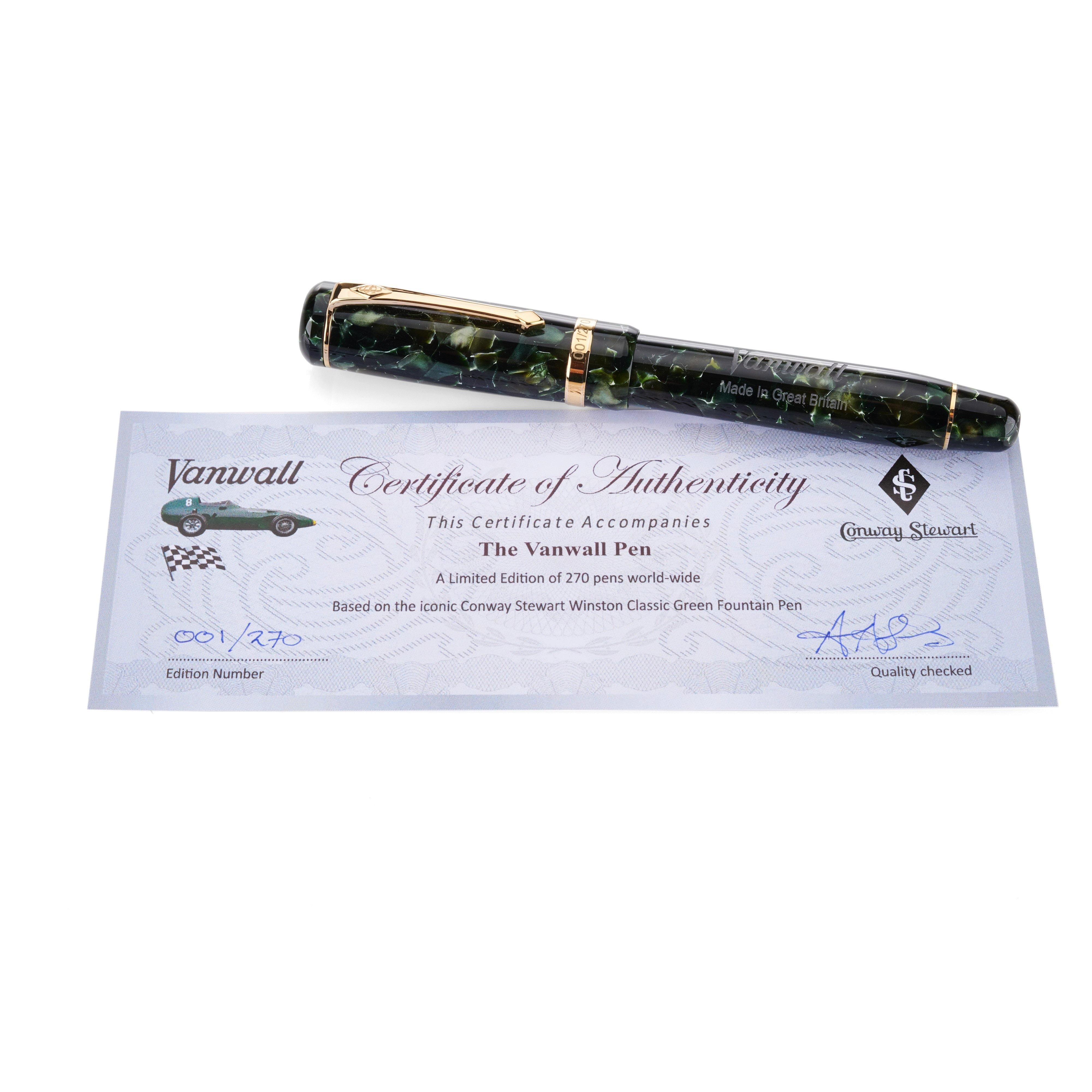 Vanwall fountain pen uncapped beside its limited edition certificate of authenticity numbered 001 of 270