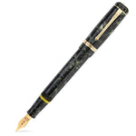 Vanwall fountain pen capped, diagonal view showing green marbled cap, gold clip and edition number band