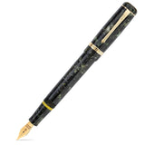 Vanwall fountain pen capped, diagonal view showing green marbled cap, gold clip and edition number band