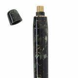 Close-up of the Vanwall pen cap removed, showing threaded section and green marbled acrylic