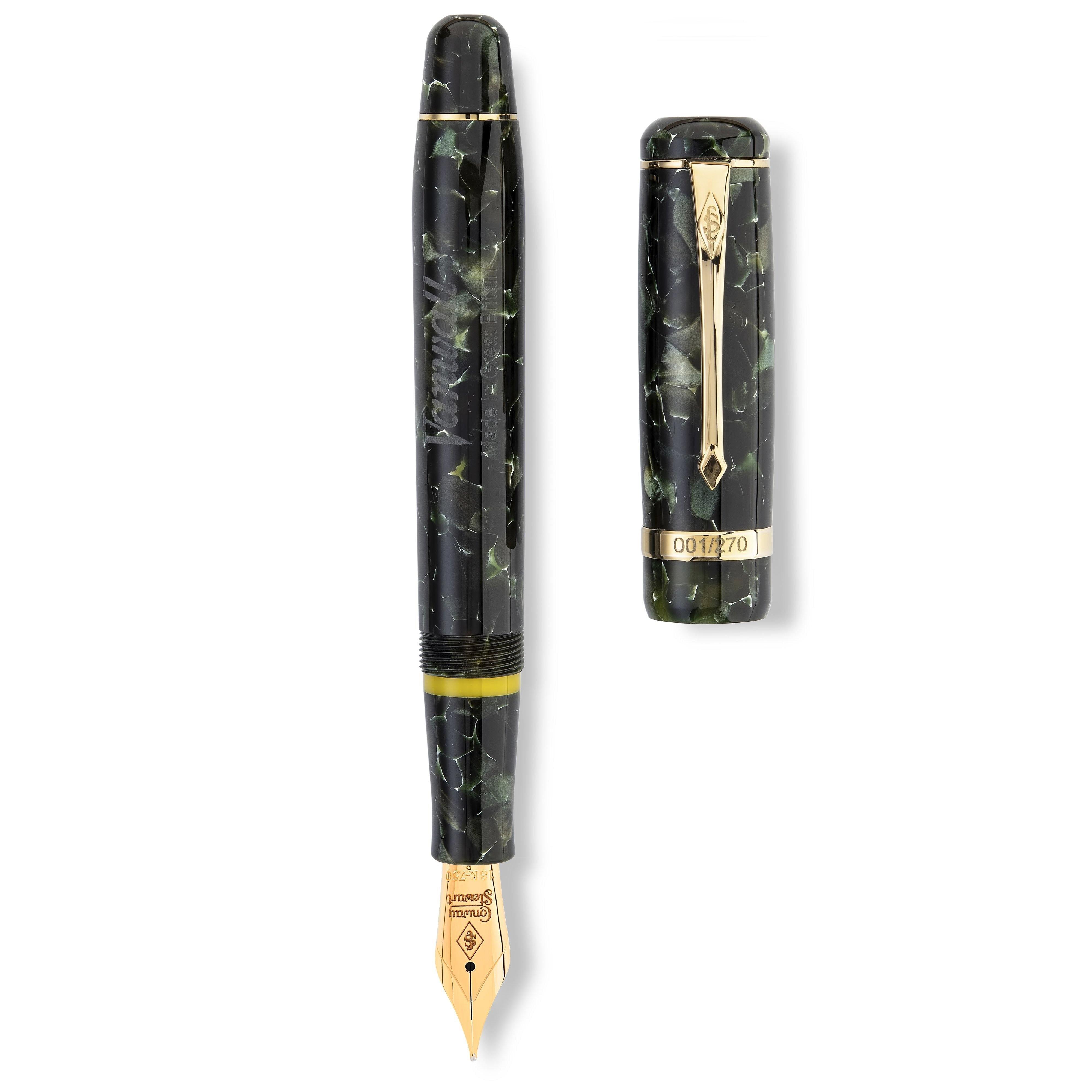 Vanwall fountain pen shown capped and with cap detached, highlighting the numbered gold band