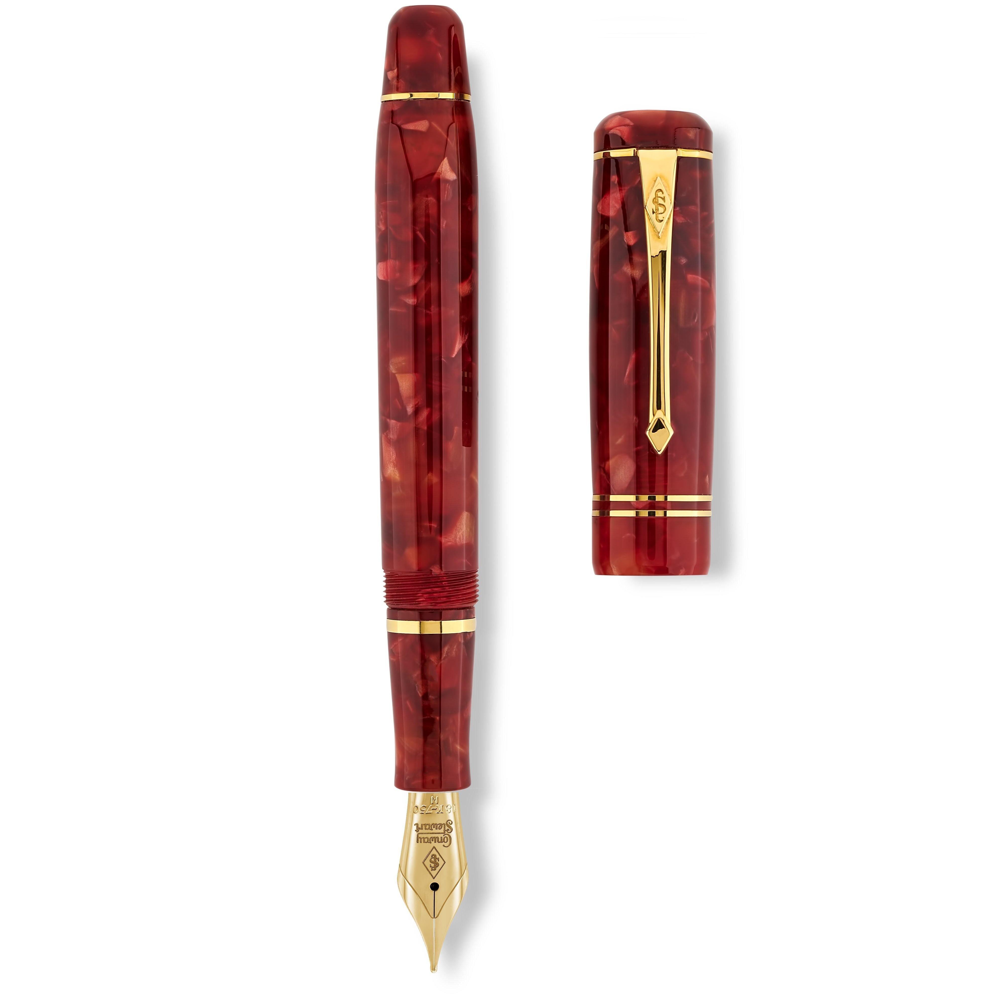 Schaft und Kappe des Winston Cherry Red nebeneinander liegend, Draufsicht auf das gesprenkelte Acrylfinish