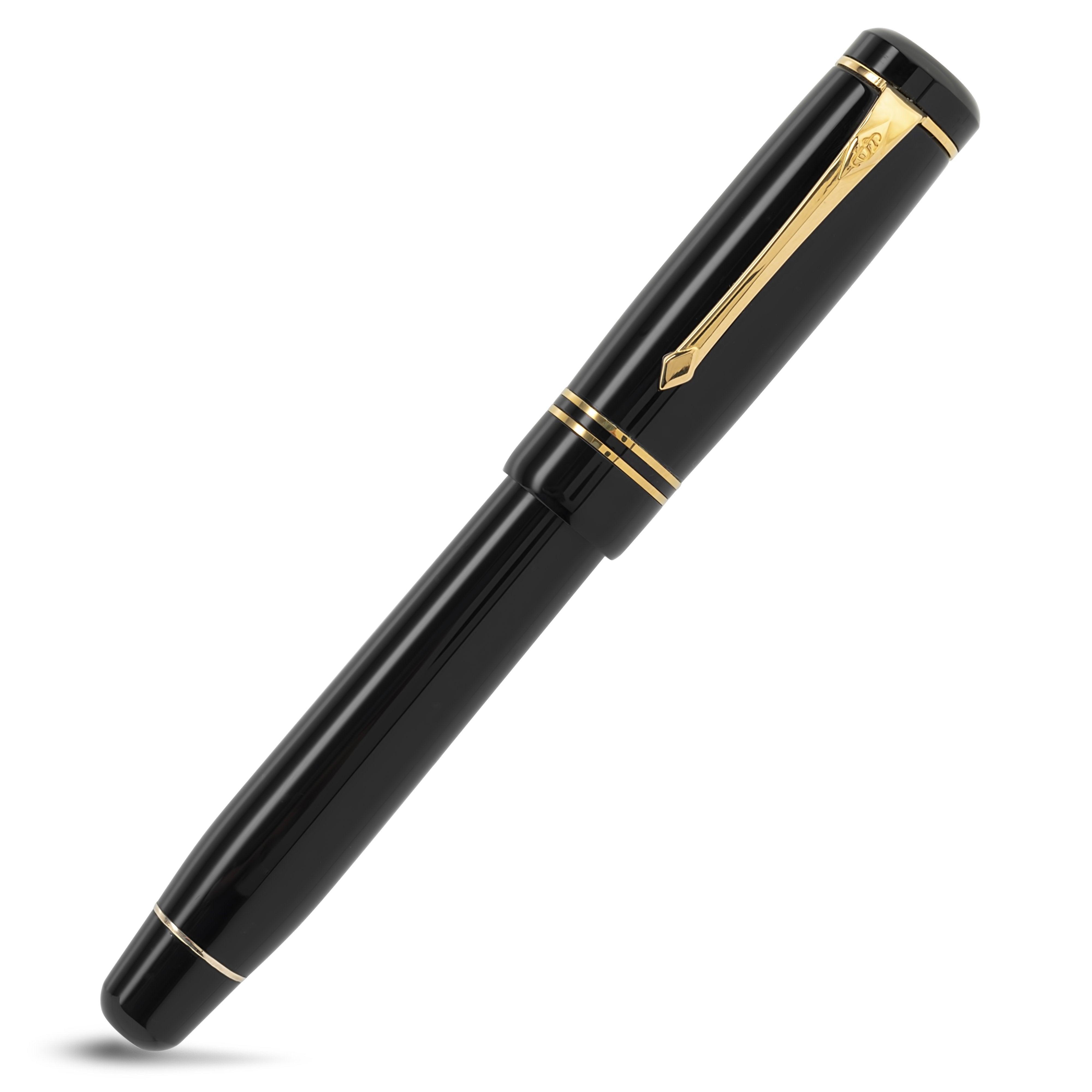 Winston Classic Black Gold fountain pen capped, showing gold clip and trim rings