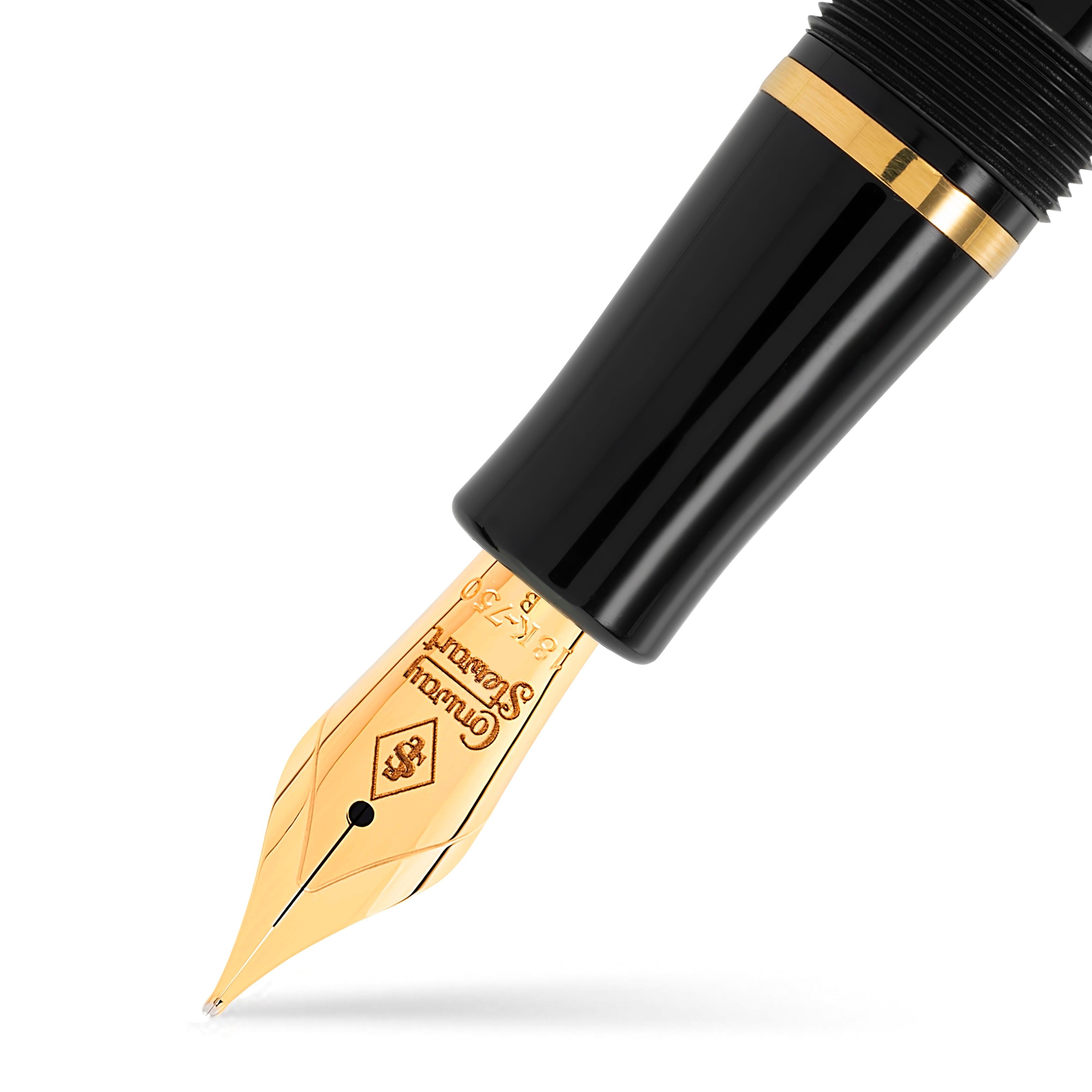 Close-up of the gold nib engraved Conway Stewart on the Winston Classic Black Gold pen