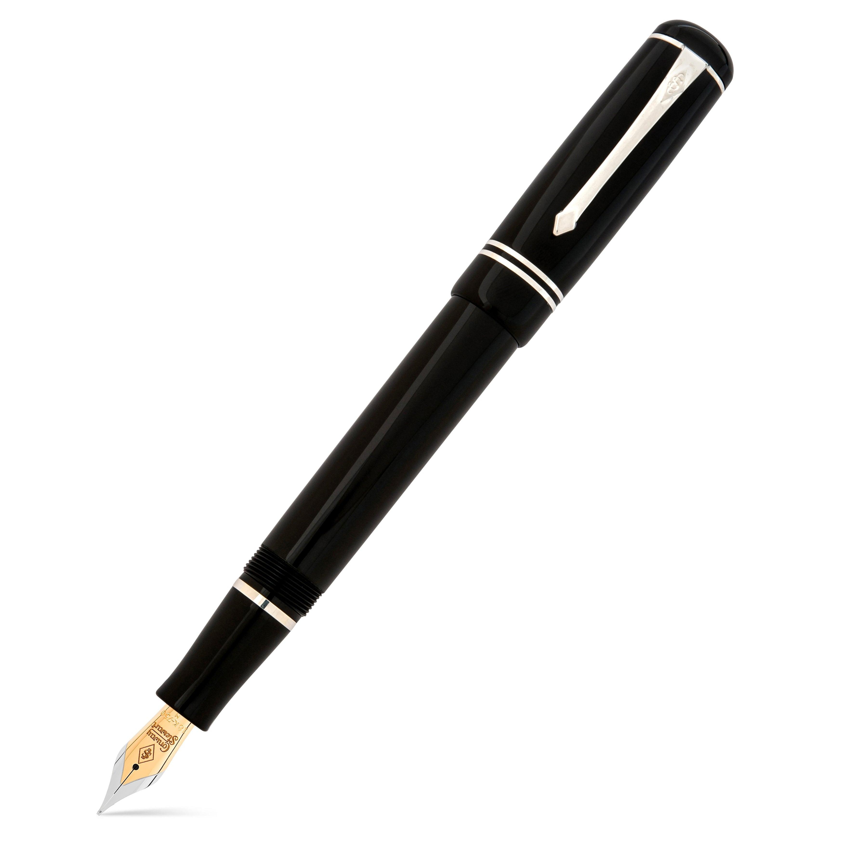 Capped Winston Classic Black Silver fountain pen shown diagonally, black barrel with silver bands and gold nib