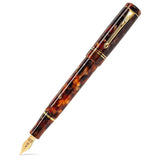 Winston Classic Brown fountain pen capped, diagonal view of the tortoiseshell acrylic barrel and gold trim