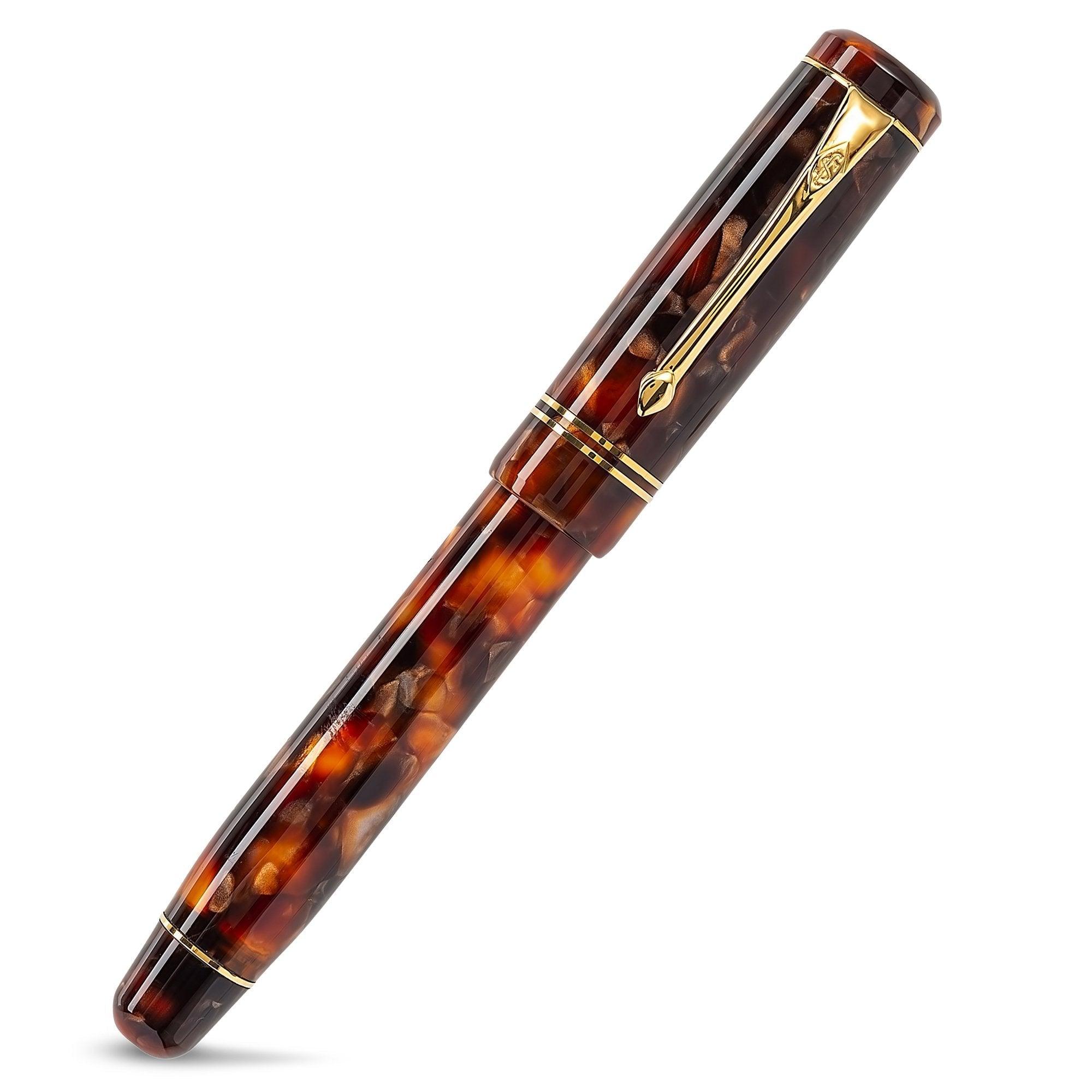 Winston Classic Brown fountain pen fully capped, straight diagonal view of the mottled brown barrel and gold clip