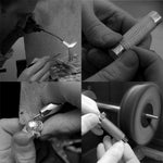 Vierteilige Schwarz-Weiß-Bildfolge, die den Stift beim Löten, Texturieren, Gravieren und Polieren von Hand zeigt