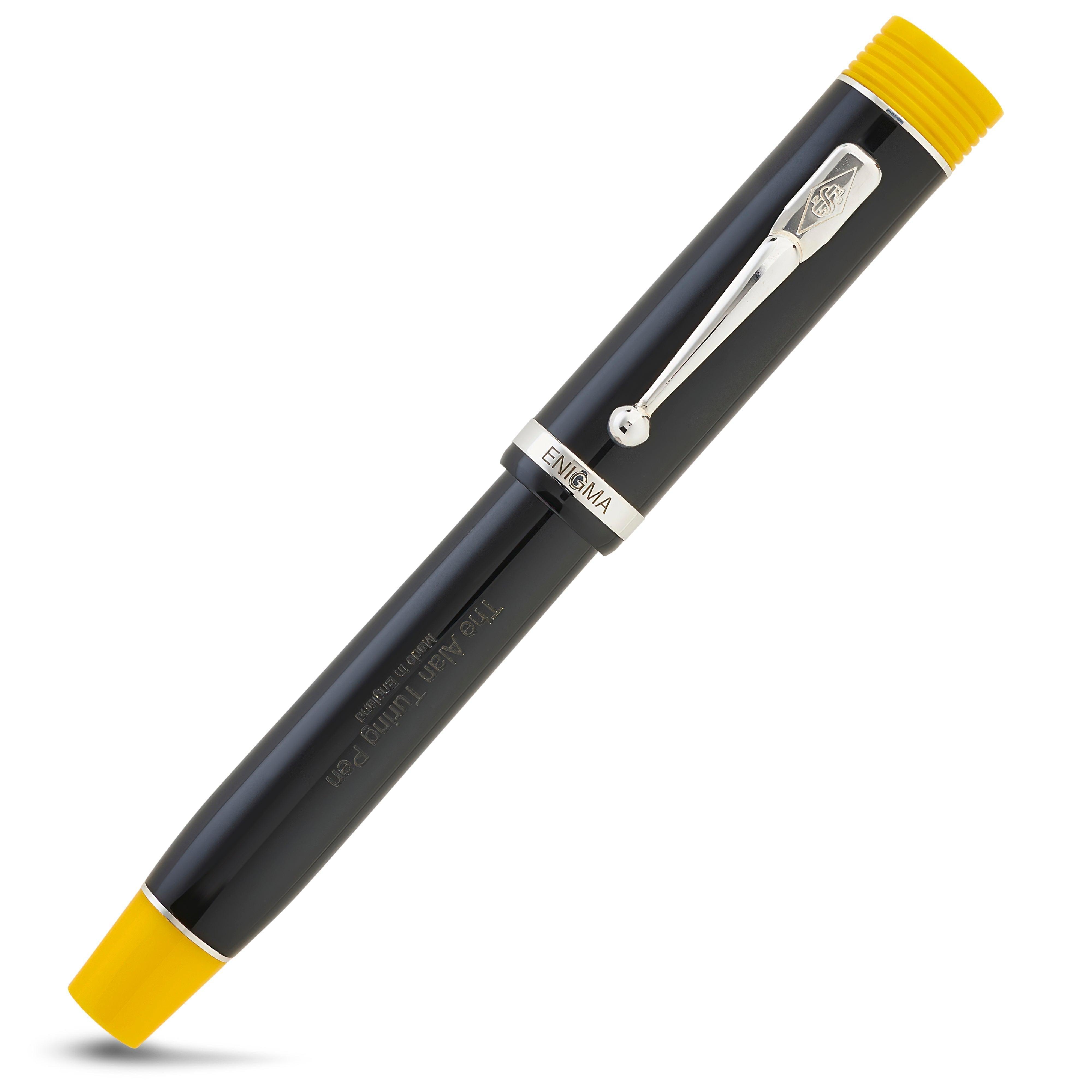 Capped Alan Turing Pen, reverse diagonal angle showing the silver clip and yellow cap band